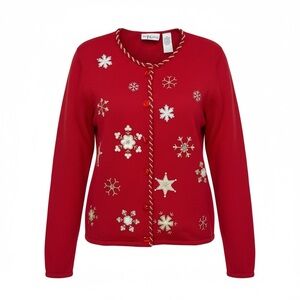 Vtg Women’s M Red Embroidered Christmas Cardigan Sweater With Embellishing